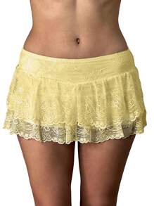 Women's Summer Casual Skirt Solid Color Low Waist Lace Ruffled Skirt With Lined Shorts