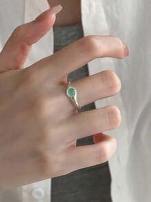 BALMORA 1 Pc Delicate S925 Sterling Silver Green Cat Eye Stone Ring For Girl/Women/Girlfriend/Mother Retro Party Dating Gift Daily Wear Birthday Gift - Silver - View 4