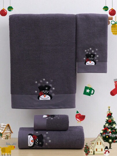 QIBHI 2 szt./1 szt. Świąteczna haftowana czapka bałwana i 1 ręcznik kąpielowy/ręcznik do rąk, prezent świąteczny, pasujące ręczniki imprezowe dla pary, świąteczne dekoracje prysznicowe do salonu kosmetycznego, hotelowe artykuły sportowe, artykuły gospodarstwa domowego, ręcznik, ręcznik kąpielowy do pielęgnacji skóry