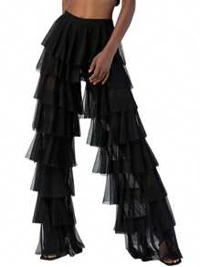 Women Wide Leg Pants, High Waist Layered Tulle Pants Loose Long Trousers Streetwear - 黑色 - 查看 1