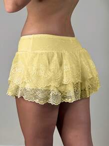 Women's Summer Casual Skirt Solid Color Low Waist Lace Ruffled Skirt With Lined Shorts