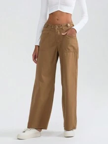 Women Cuffed Jeans Solid Color High Waist Straight Wide Leg Denim Pants With Pockets - Khaki - View 5