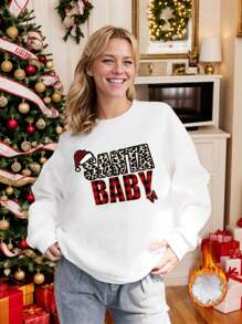 Curve Oversize Women's White Sweatshirt With Christmas Element Print, Casual & Versatile, Warm Thermal Lined, Loose Fit Streetwear Style Long Sleeve Pullover Suitable For Cold Weather, Comfort