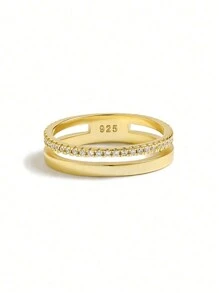 1 pièce Bague vintage minimaliste de luxe en argent sterling 925 plaqué or 14 carats à double couche, convient pour le port quotidien des femmes, peut également être utilisée comme bijou de fête ou cadeau - anneau creux - Voir 5