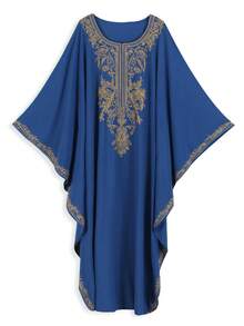 Blue Embroidered Arabic Round Neck Dress Casual Loose Moroccan Kaftan Dresses - Màu xanh lam - Xem 8