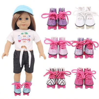 1 Pair 18 Inch American Girl Doll Shoes, Doll Ice Skates, Roller Skates, Doll Lace-Up Leather Boots, Doll Boots, Fashion Doll Accessories, Gift For Baby And Girls Birthday, Holiday, Toy