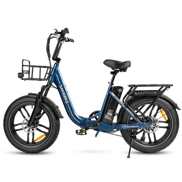  Pneu SAMEBIKE C05Pro 20*4,0 pouces de large, moteur sans balais 500 W, vitesse de pointe 35 km/h, batterie 36 V 13 Ah, équipé d'un panier à légumes avant, porte-bagages arrière, vélo électrique tout terrain pliable pour adulte à 7 vitesses.