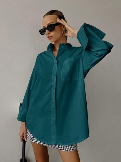 QIANZHIDU Elva Women Solid Color Loose Long Sleeved Business Interview Commuting Casual Relaxed Feeling Simple Shirt Graduation Office Spring Summer Autumn