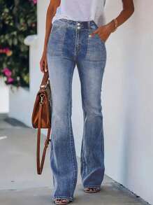Women's Elastic Flared Jeans, High Waisted Split Flared Pants, Button Fly Denim Pants - 中等水洗藍 - 查看 1