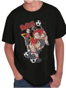 Popeye The Sailor Man Youth Graphic Tee Shirt Vintage Retro Animated Cartoon Character  Bluto Soccer Team Tween Casual Everyday Cotton Printed Short Sleeve Crewneck Tshirt Kids Clothes - Black - View 1