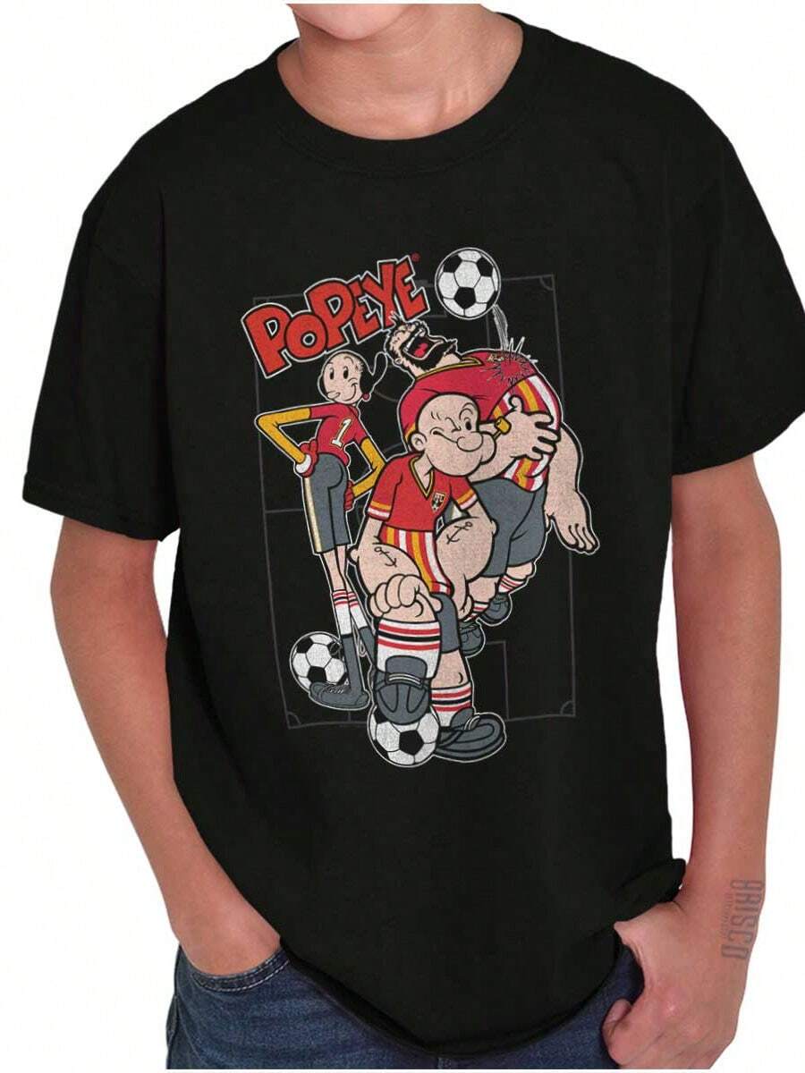 Popeye The Sailor Man Youth Graphic Tee Shirt Vintage Retro Animated Cartoon Character Bluto Soccer Team Tween Casual Everyday Cotton Printed Short Sleeve Crewneck Tshirt Kids Clothes - Black - View 1
