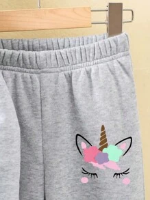 Young Girl' Unicorn Graphic Fleece Hooded Sweatshirt And Pants 2 Pieces Set, Casual Outfit For Autumn/Winter - Grey - View 7