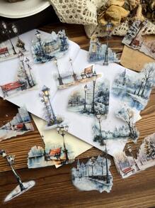 15 Blatt/Packung Vintage wasserdichte Straßenlaterne Landschaft Aufkleber, Dekoration für Scrapbooking, ausgestanzte PET Aufkleber
