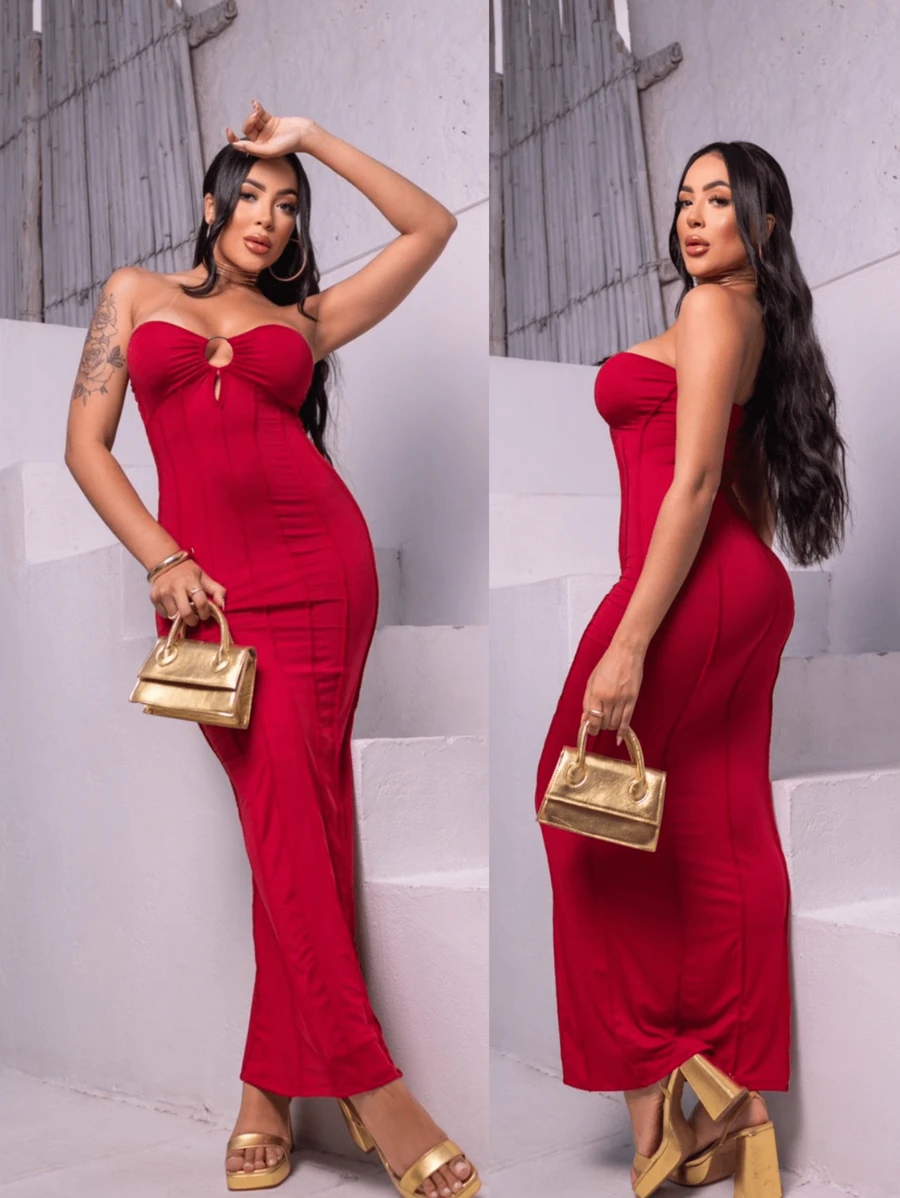 Women's Long Strapless Dress With Low-Cut Neckline And Central Ring Tight-Fitting Enhances Curves Foreign Fashion Blogger Fashion New Exclusive Highlight Summer 2025 Christmas New Year Parties New Year's Eve Nightclubs Occasions Celebrations Events Sensual - 紅色 - 查看 1