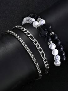 4pcs/Set Punk Cross Beaded Stainless Steel Chain Bracelet Set, Suitable For Men, Versatile For Daily Wear, Party, Birthday, Christmas, Valentine's Day, Thanksgiving, New Year Gift