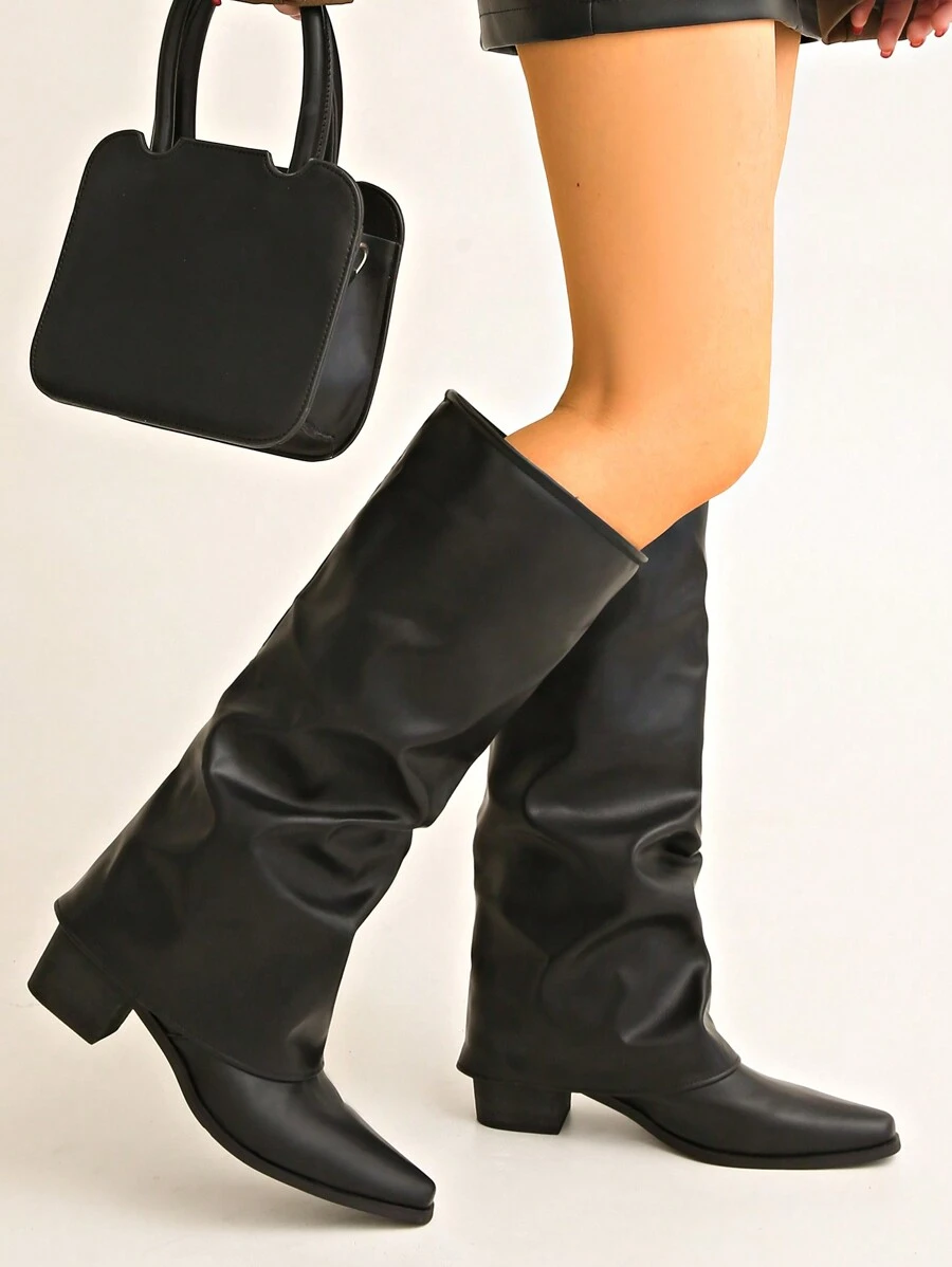 Retro Rivet High Shaft Boots, French Style Women's Versatile Western Cowboy Riding Boots, Suitable For Petites - Black - View 1