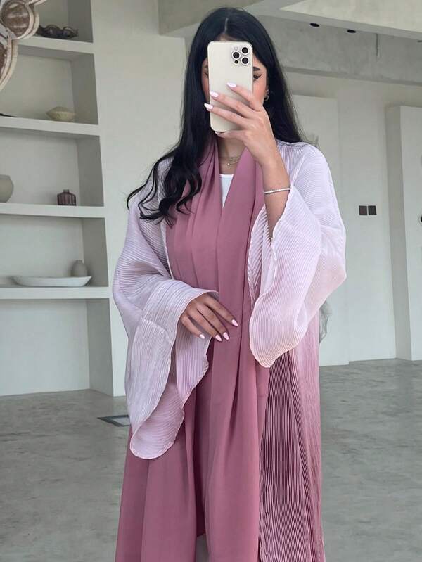 1 peça de vestido longo feminino de cor sólida, elegante e moderno, com estampa de rugas e tie-dye, estilo médio, cardigan, robe abaya, adequado para festivais diários, kaftan modesto