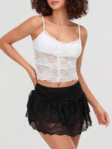 Women's Summer Low Waist Lace Ruffled Solid Color Skirt With Lined Shorts  Soft Flowy For Daily Date Vacation - 黑色 - 查看 3