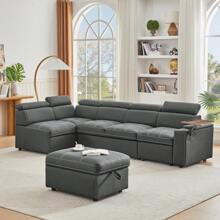 Grey Fabric Sectional Sofa With Storage Ottoman,DreamDecor