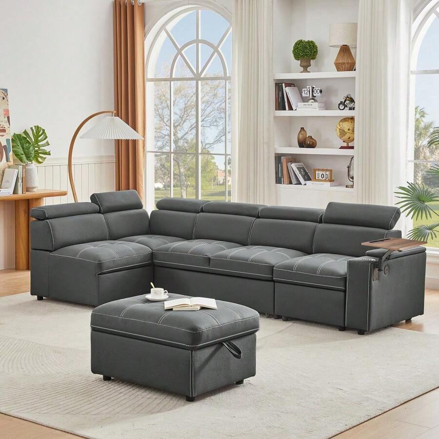 Grey Fabric Sectional Sofa With Storage Ottoman,DreamDecor