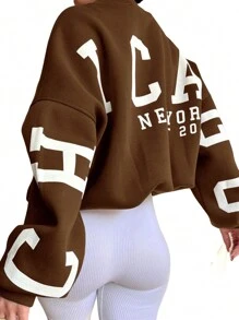 Women Loose Pullover Sweatshirts Letter Print Casual Thickened Long Sleeve Tops Autumn Streetwear