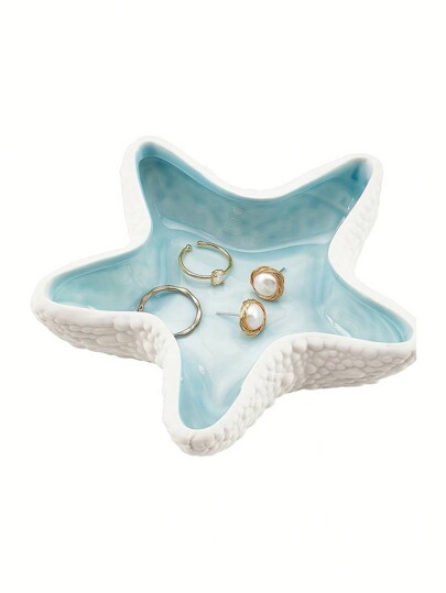 1pc Decorative Ceramic Jewelry Tray, Seashell, Starfish Shaped Trinket Dish, Ceramic Ring Earring Holder, Ocean Theme Decor Plate For Rings, Earrings, Necklaces, Bracelets, Watches, Keys, Home Decor For Bathroom, Bedroom, Office Best
