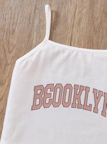 3 件套 Tween Girl Brooklyn 字母印花吊带背心 + 镂空披肩 + 运动运动裤套装，休闲适合户外活动，夏季