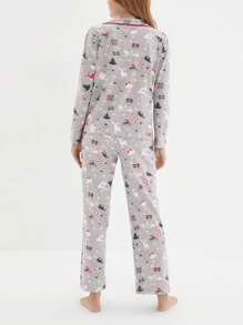 Women Christmas Pajamas Lounge Set Christmas Elements Print Long Sleeve Tops And Pants 2 Piece Loungewear Outfits - Grey - View 4