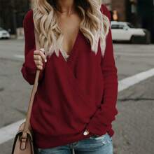 Women's 2024 Deep V-Neck Wrap Sweaters Long Sleeve Front Cross Loose Knitted Pullover Jumper Elegant Fall Winter Tops - Dark Red - 查看 1