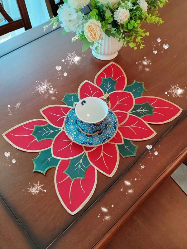 1pc 100% Polyester Satin Fabric Festive Embroidered Placemat, Suitable For Kitchen, Dining Table, Desk, Coffee Table, Vanity, Room Decor, Home Decoration, Living Room, Bedroom, Yard, Indoor Outdoor, Outdoor Furniture, Camping, Villa, Holiday, Party, Cabinet, Family Gathering, Holiday Decoration, Christmas Party, Wedding Decorations