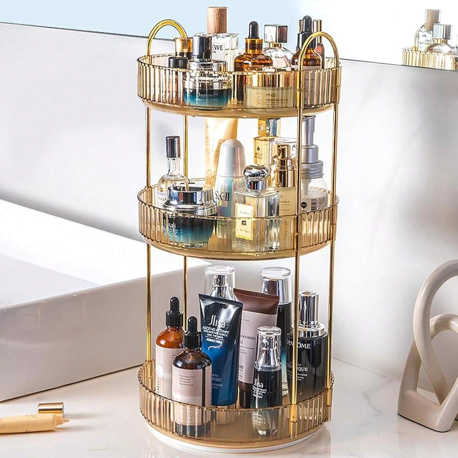 AXOSY-360 Rotating Makeup Organizer Countertop 3 Tier Bathroom Organizer Spinning Perfume Organizers, Skincare Organizers Makeup Carousel Cosmetic Brush Storage For Vanity, Countertop - màu nâu - Xem 1