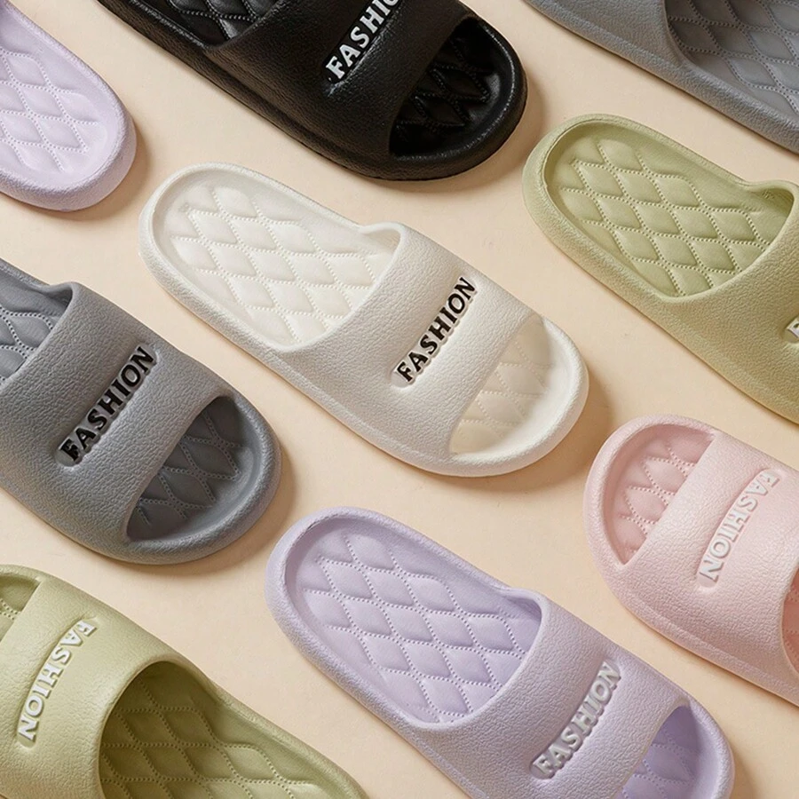 Dép xỏ ngón đế dày mềm mại thoải mái màu trơn mũi tròn in chữ mới với chất liệu EVA, có đệm, chống trượt, chống mùi, thích hợp mặc ngoài trời & trong nhà, phong cách cặp đôi, mùa hè - Xám - Xem 1