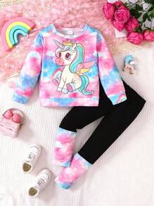2pcs/Set Girls Cute Cartoon Colorful Little Pony Print Round Neck Long Sleeve Sweatshirt + Spliced Long Pants Casual Stylish Outfits