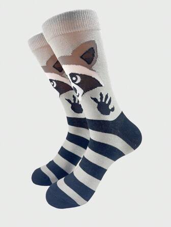 1 Pair Men's Color Block Panda, Seal, Kitten Print Patterned Mid-Calf Socks, & Unique, Fall