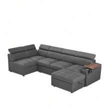 Grey Fabric Sectional Sofa With Storage Ottoman,DreamDecor