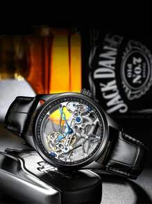 AlLANG Eilang Men's Leather Band Waterproof Hollow Transparent Bottom Tourbillon Automatic Mechanical Watch, Casual Business Fashion Luxury Wristwatch