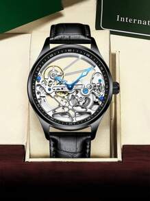 AlLANG Eilang Men's Leather Band Waterproof Hollow Transparent Bottom Tourbillon Automatic Mechanical Watch, Casual Business Fashion Luxury Wristwatch