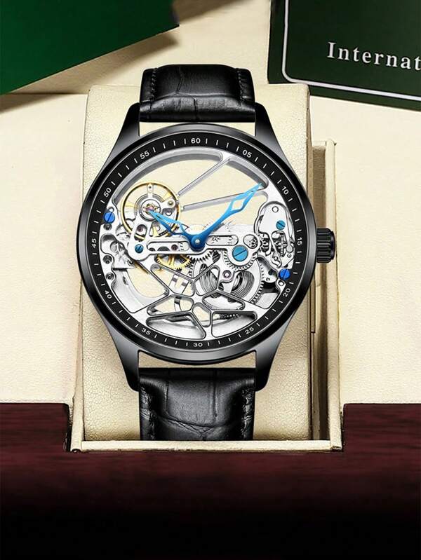 AlLANG Eilang Men's Leather Band Waterproof Hollow Transparent Bottom Tourbillon Automatic Mechanical Watch, Casual Business Fashion Luxury Wristwatch