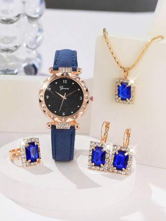 5Pcs Women's Blue PU Leather Strap Fashion Casual Simple Scale Dial Quartz Watch Necklace Earrings Ring Jewelry Set For Daily Wearing Or Gift Giving