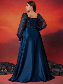 XUIBOL 大码女式缎面撞色亮片面料 A 字收腰纯色优雅时尚长款正式晚礼服、婚礼宾客礼服、派对礼服 - 藏蓝色 - 查看 5