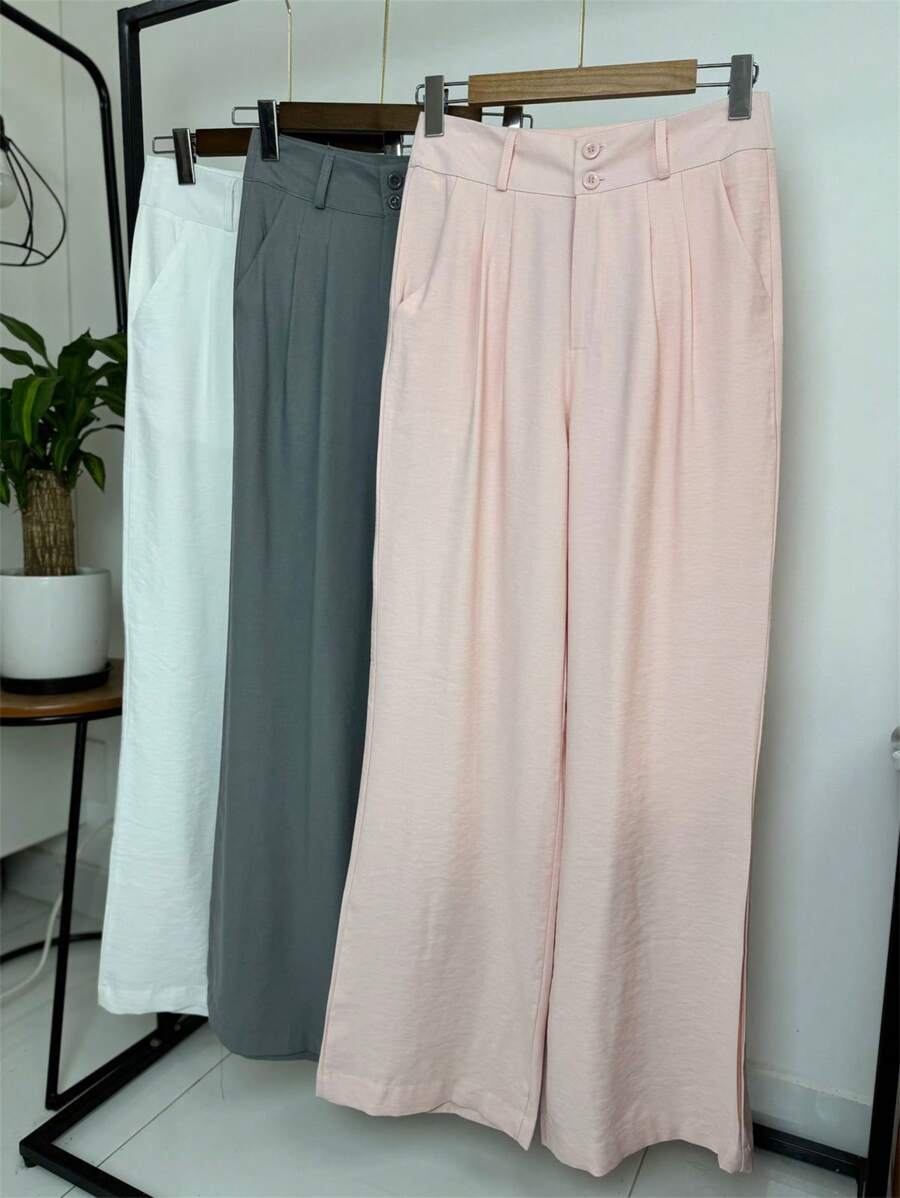 ISADORA MODA Women's High-Waisted Palazzo Pants With Front Pocket, Zipper And 2 Front Buttons. Tailored Fabric Twil - Hồng - Xem 1