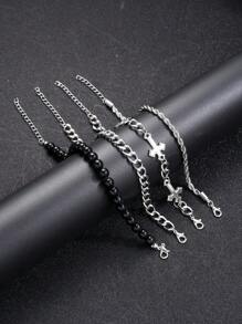4pcs/Set Punk Cross Beaded Stainless Steel Chain Bracelet Set, Suitable For Men, Versatile For Daily Wear, Party, Birthday, Christmas, Valentine's Day, Thanksgiving, New Year Gift