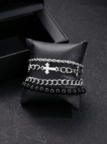 4pcs/Set Punk Cross Beaded Stainless Steel Chain Bracelet Set, Suitable For Men, Versatile For Daily Wear, Party, Birthday, Christmas, Valentine's Day, Thanksgiving, New Year Gift