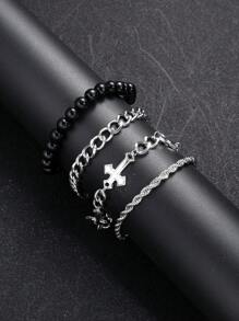 4pcs/Set Punk Cross Beaded Stainless Steel Chain Bracelet Set, Suitable For Men, Versatile For Daily Wear, Party, Birthday, Christmas, Valentine's Day, Thanksgiving, New Year Gift