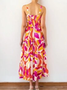 Women's Vibrant Adjustable Straps Abstract Print Slim Pleated Maxi Dress - Fuchsia - 查看 4