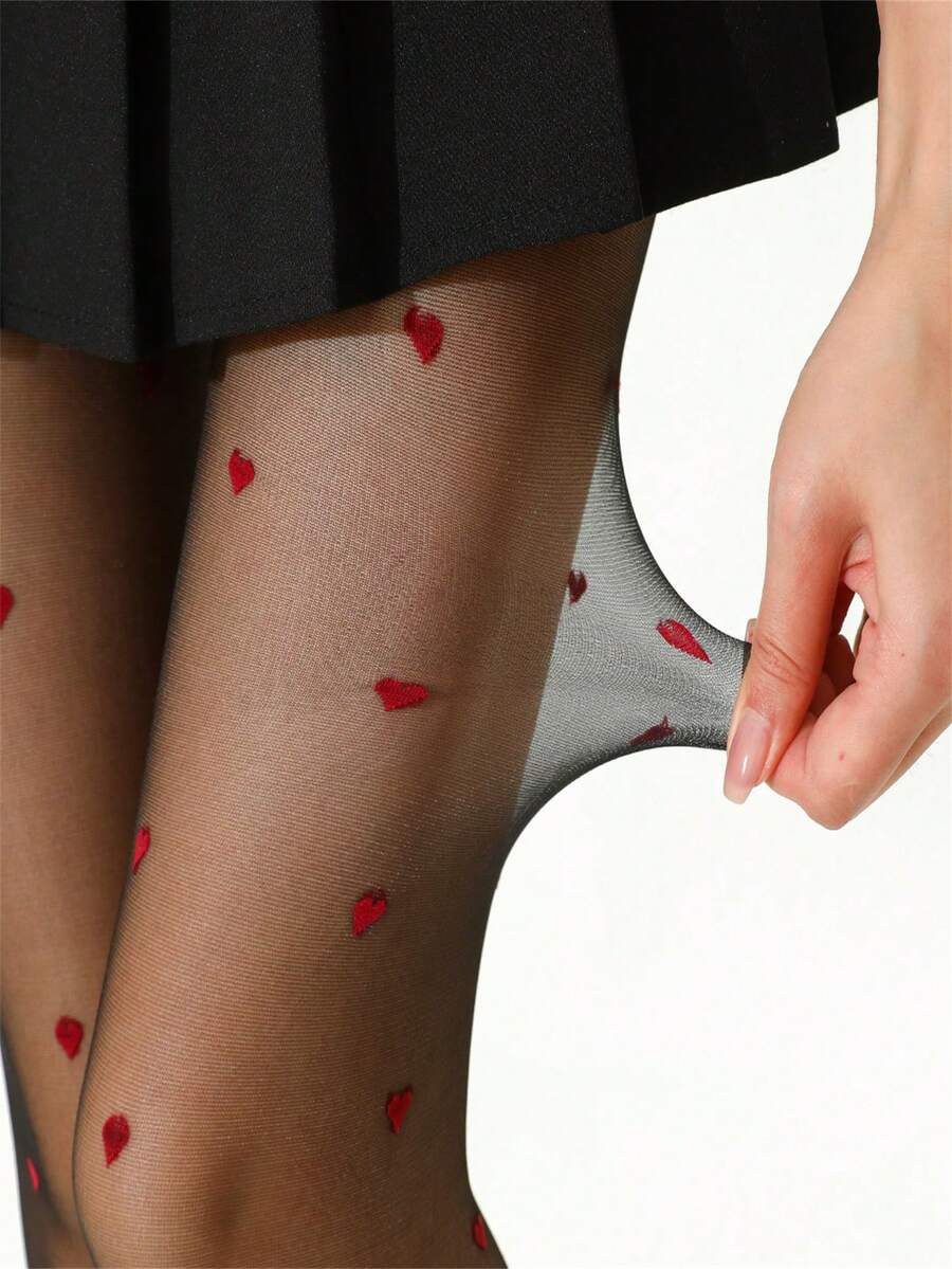 1Pair Valentine's Day Red Heart Minimalist Sexy Red Little Love Stockings Sexy Spice Black Silk Women Black Ultra-Thin Meat Leggings Daily With Going Out Party Party Fashion Wear Fashion Items - Black - View 1
