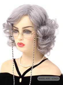 Gray Short Curly Wig With Bangs, Grandma Wig, Suitable For Women's Christmas Party Costume, Silver/Gray Grandma Wig, Accessories Include Glasses, Necklace, Earrings, Bracelet Set - Dark Grey - View 3