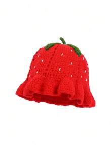 Cappello a secchiello lavorato a mano da donna con dettagli di fragola, cappello a secchiello in maglia floreale all'uncinetto, cappello a secchiello carino e traspirante adatto per primavera, estate, autunno e inverno con tesa piatta, ideale come regalo per compleanni e per il ritorno a scuola