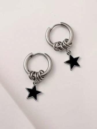 1 Pair Stainless Steel Punk Black Star Hoop Earrings, Fashion Accessories Suitable For Women's Daily Wear