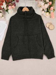 Plus Size Casual Loose Turtleneck Drawstring Knit Sweater, For Winter Black - Black - View 4